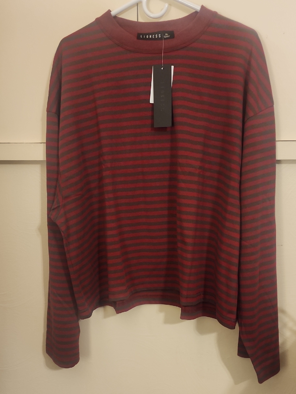 Lioness Men's Long-Sleeve Striped Crewneck - Burgundy & Black